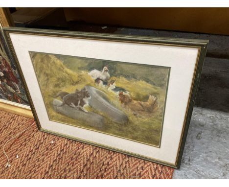 A WATERCOLOUR TITLED 'CATS IN THE COOP' SIGNED J M BAINECT 70CM X 52CM 