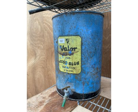 A VINTAGE VALOR ESSO BLUE PARAFIN 5 GALLON DRUM WITH TAP 