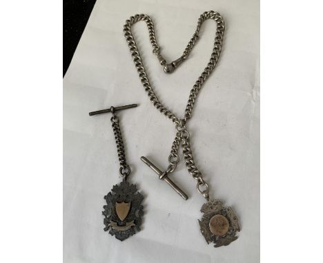 A HEAVY SILVER WATCH CHAIN WITH TWO HALLMARKED SILVER FOBS 