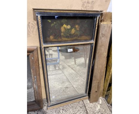 A VINTAGE GILT AND EBONISED MIRROR WITH STILL LIFE PAINTED SCENE 