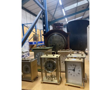 A QUANTITY OF CLOCKS TO INCLUDE A CASED MAHOGANY MANTLE CLOCK AND VARIOUS CARRIAGE CLOCKS TO INCLUDE, METAMEC, GENEVA ETC., 