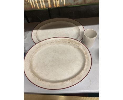 TWO LARGE EARLY 20TH CENTURY MEAT PLATTERS PLUS A UTENSIL POT 