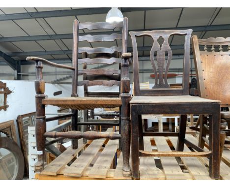 TWO ANTIQUE CHAIRS TO INCLUDE RUSH SEAT LADDER BACK ARMCHAIR 