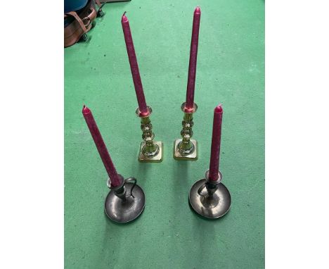 TWO PAIRS OF VINTAGE BRASS CANDLESTICKS WITH CANDLES 
