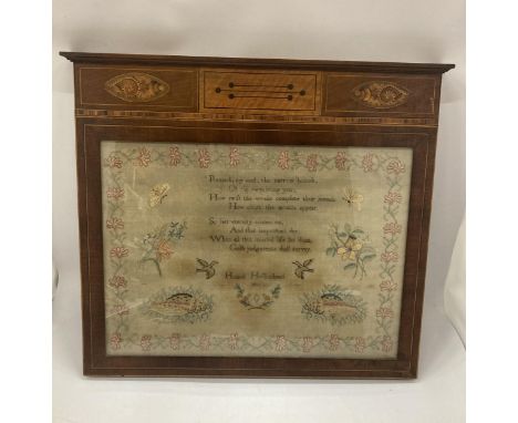 A GEORGIAN POEM TAPESTRY DATED 1826 IN INLAID MAHOGANY FRAME WITH CONCH SHELL DESIGN 