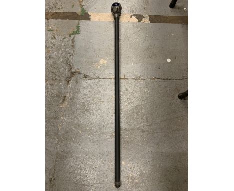 A WALKING STICK WITH A BLUE GLASS ORB AND DRAGON FINIAL 