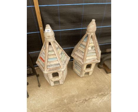 TWO VINTAGE HARDWOOD BIRD HOUSES 