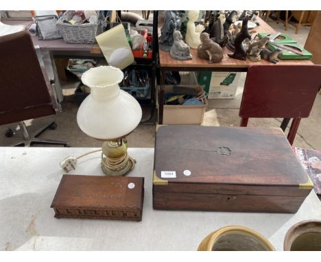 TWO TREEN BOXES TO INCLUDE A WRITING BOX AND A BRASS AND ONYX STYLE LAMP 