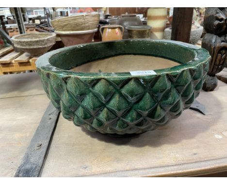 A VINTAGE GREEN PAINTED TERRACOTTA PLANTER, 16" X 7.5" 