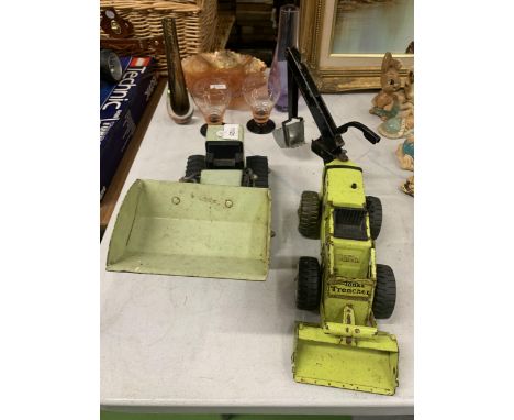 TWO LARGE VINTAGE 1970'S TONKA CONSTUCTION VEHICLES - A TRENCHER AND A TRACKED SHOVEL LOADER 