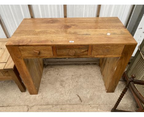 A MODERN HARDWOOD CONSOLE TABLE WITH THREE DRAWERS, 44" WIDE 