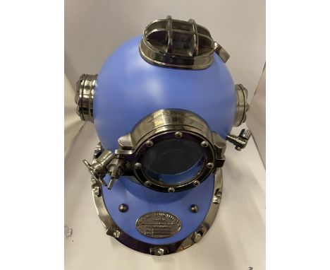 A LARGE BLUE AND CHROME DIVERS HELMET 