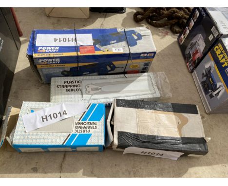AN ASSORTMENT OF TOOLS TO INCLUDE A BELT SANDER AND STRAPPING TENSIONERS ETC 
