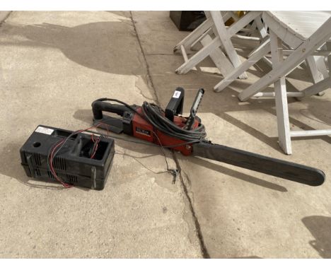 AN ELECTRIC CHAINSAW AND A BATTERY CHARGER 
