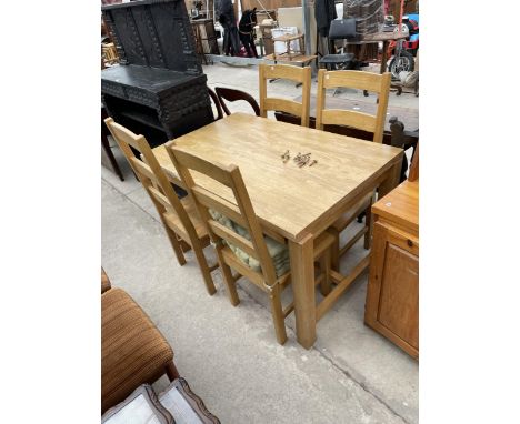 A MODERN DINING TABLE WITH BLOCKWOOD TOP AND FOUR LADDER BACK CHAIRS 47" X 30" 