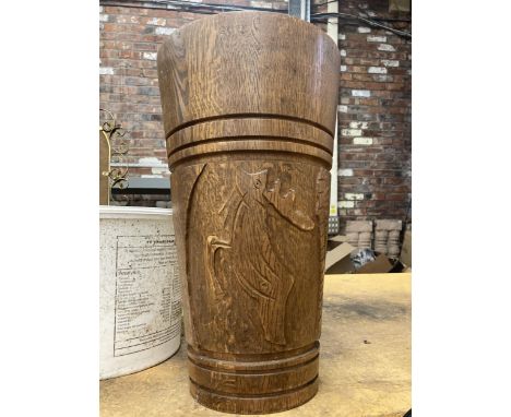 A LARGE HAND CARVED MAHOGANY STICK/UMBRELLA STAND HEIGHT APPROX 47CM 