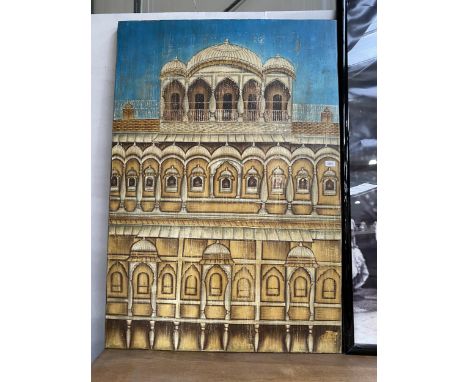 A LARGE PRINT DEPICTING A TEMPLE + LARGE BLACK + WHITE PHOTOGRAPH OF A JUGGLING CIRCUS ACT 