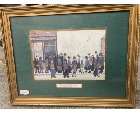 A FRAMED LOWRY PRINT TITLED 'WAITING FOR THE SHOPS TO OPEN' 