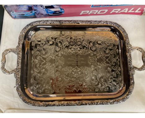 A HEAVY VINTAGE SILVER PLATED TRAY WITH ENGRAVED DETAIL, INSCRIBED WITH THE DATE JUNE 1964 