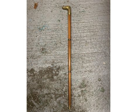 A VINTAGE WOODEN WALKING STICK WITH BRASS GREYHOUND FINIAL 
