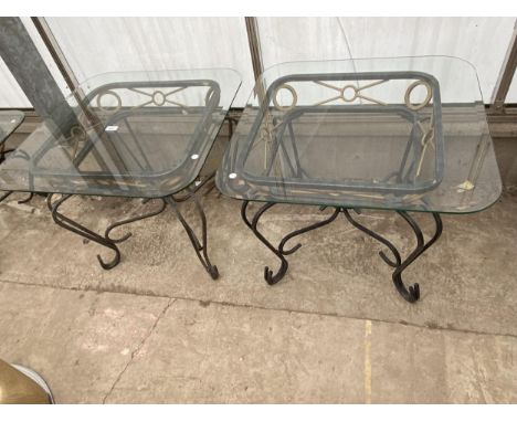 A PAIR OF MODERN GLASS TOP LAMP TABLES ON METALWARE BASE, 26" SQUARE EACH 