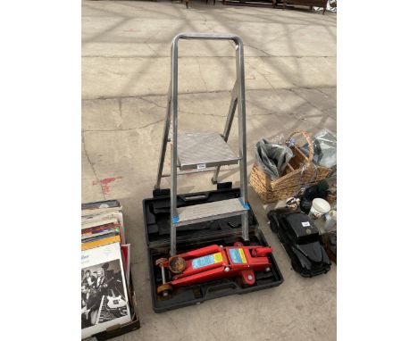 A TROLLEY JACK AND A TWO RUNG STEP LADDER 