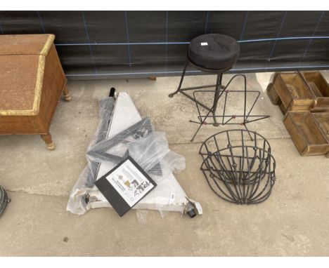 AN AS NEW SPEAKER STAND AND HANGING BASKET FRAMES ETC 