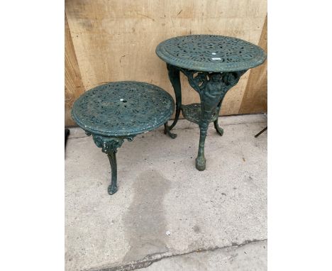 A VINTAGE CAST ALLOY BISTRO TABLE AND A FURTHER CAST ALLOY COFFEE TABLE 