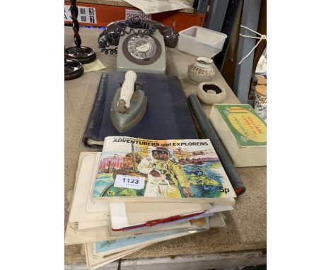 A MIXED LOT TO INCLUDE CIGFARETTE CARD ALBUMS, A STAMP ALBUM, VINTAGE ROTARY DIAL TELEPHONE, ETC 