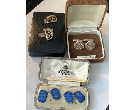 THREE PAIRS OF SILVER CUFFLINKS ONE PAIR BEING ENAMEL (IN AN ASPREY BOX BUT NOT THOUGHT TO BE) 