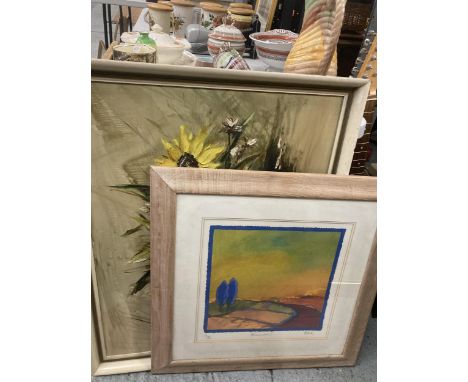 A LARGE FRAMED STILL LIFE OIL PAINTING OF SUNFLOWERS IN A VASE 69CM X 89CM PLUS A LIMITED EDITION 18/20 PRINT TITLED 'BLESSED