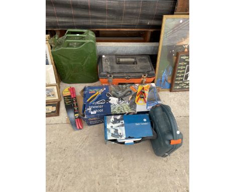 AN ASSORTMENT OF ITEMS TO INCLUDE A BELT SANDER AND A JERRY CAN 