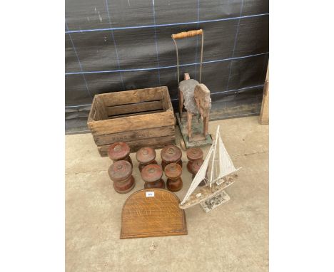 A MIXED LOT OF VINTAGE ITEMS TO INCLUDE A CHILDS PUSH A LONG WOODEN HORSE, BOAT MODEL ETC 
