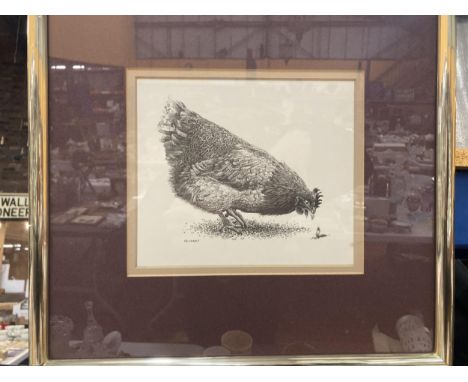 A GELDART PRINT OF A CHICKEN AND A CATERPILLAR 33CM X 32CM 