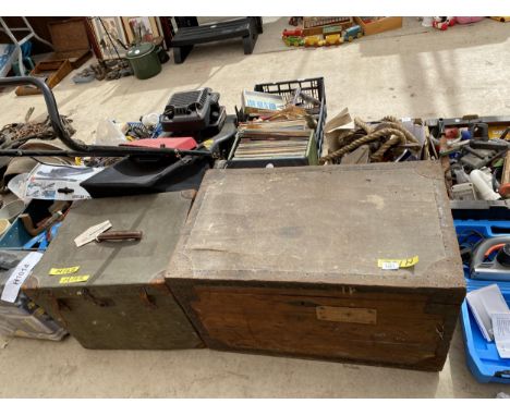 TWO VINTAGE STORAGE TRUNKS TO INCLUDE ONE WOODEN AND ONE LEATHER EFFECT 