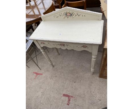 A MODERN PAINTED CONSOLE TABLE WITH RAISED BACK ON TURNED LEGS, 36" WIDE 