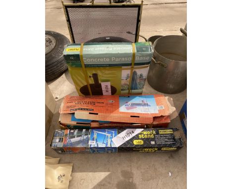 AN ASSORTMENT OF ITEMS TO INCLUDE A TILE CUTTER AND A WORK STAND ETC 