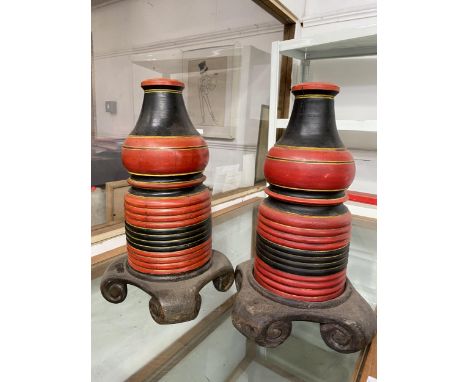 A PAIR OF INDIAN HARDWOOD PAINTED TABLE LAMP BASES + THREE DOOR KNOBS 