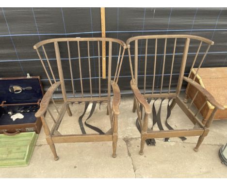 A PAIR OF VINTAGE INDIAN HARDWOOD ARMCHAIR FRAMES 