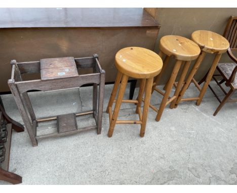 THREE MODERN PINE STOOLS AND OAK TWO DIVISION STICK STAND 