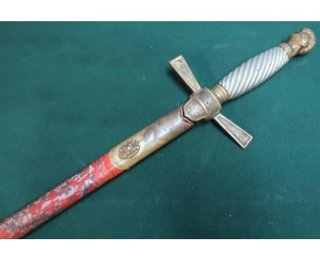 Late 19th C American military style sword with 27 inch double edge blade with ribbed grip and night helmeted pommel complet w