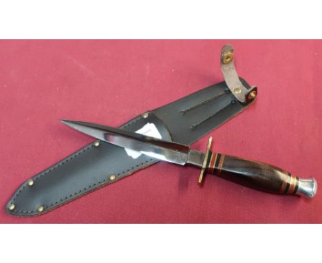 J.Nowill &amp; Sons commando dagger with 5.5 inch double edged stiletto blade and brass cross piece, swollen wooden grip, com