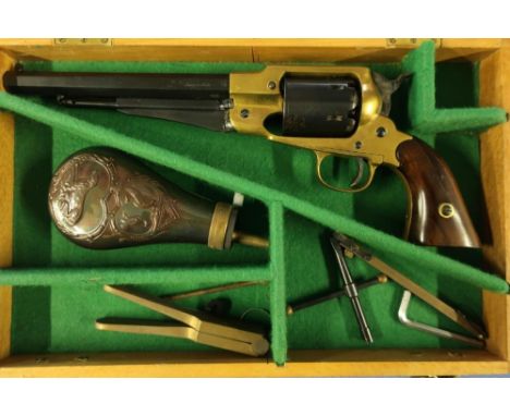 Cased deactivated .44 black powder percussion cap revolver Serial No. 419 with brass frame and two piece wooden grips in fitt