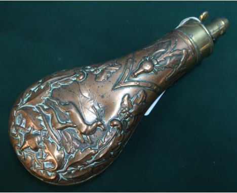 19th C brass and copper powder flask by G and J.W Hawksley, embossed with deer hunting and oak leaves (overall length 21cm) 