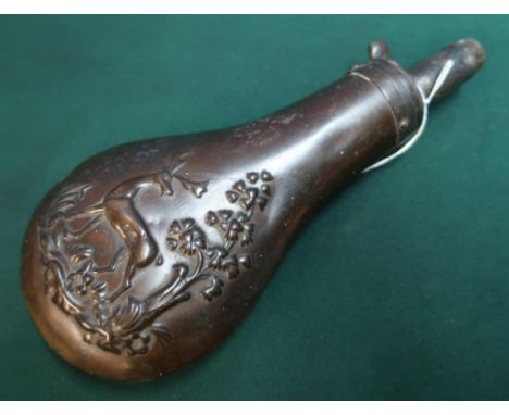 19th C copper powder flask with embossed scene of a stag 