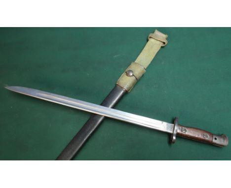 Enfield 1907 bayonet with 17 inch blade stamped with crayoned VR Wilkinson 1907 complete with leather scabbard and webbing fr