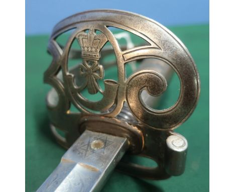 Victorian light infantry officers sword with 32 inch single fullered blade with etched detail including light infantry bugle 