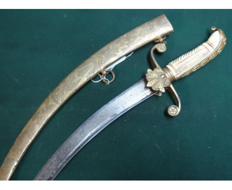 Scarce early 19th C American curved navel dirk with carved bone grip with 12 inch curved blade with single top fuller with tr