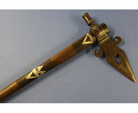 North American Indian style pipe axe, the engraved steel head with double edged point with central heart shaped pattern, the 