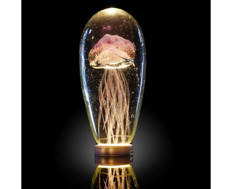Decorative/Interior Design: A glass jellyfish sculpture, on LED light pod (110V), 19cm high overall